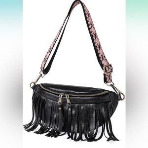 Fringe Adjustable Crossbody Sling Bag Purse Fanny Pack Black